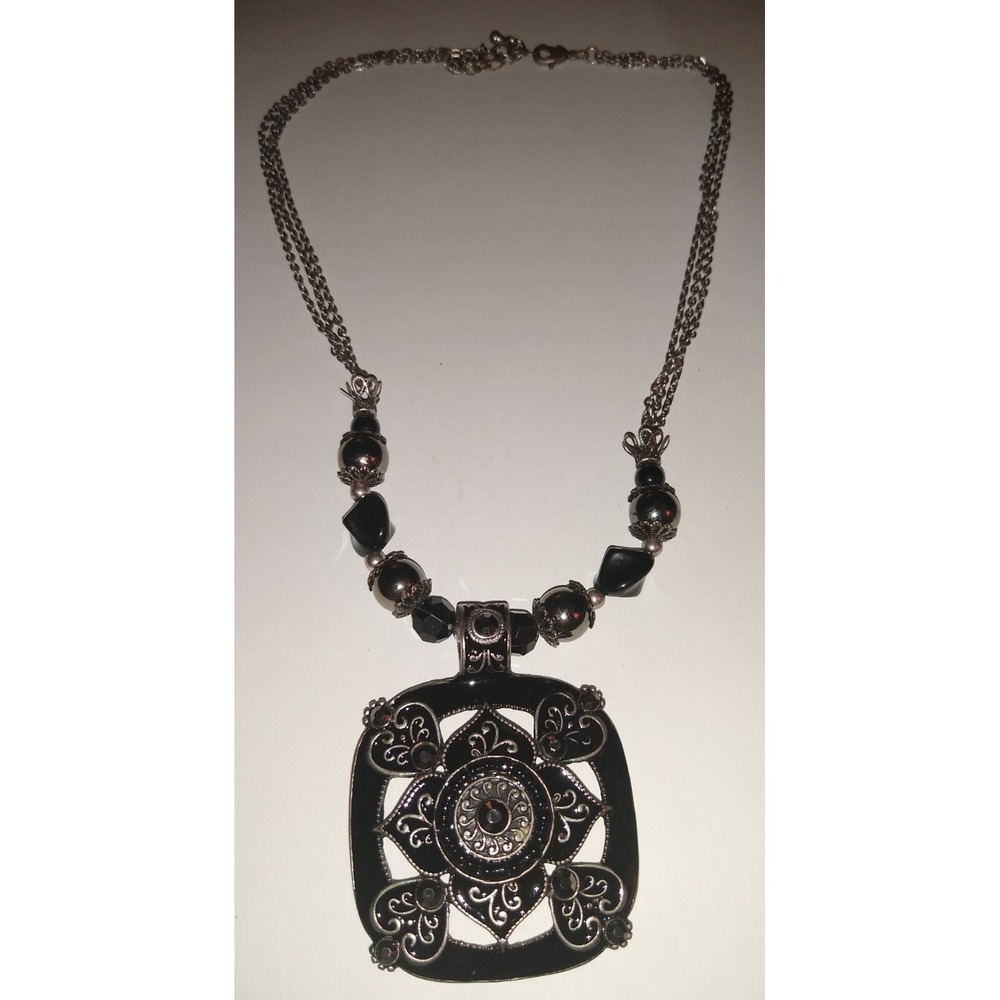 East 5th Necklace Silver Tone Chain Black Enamel Black & Silver Beads AB Stones